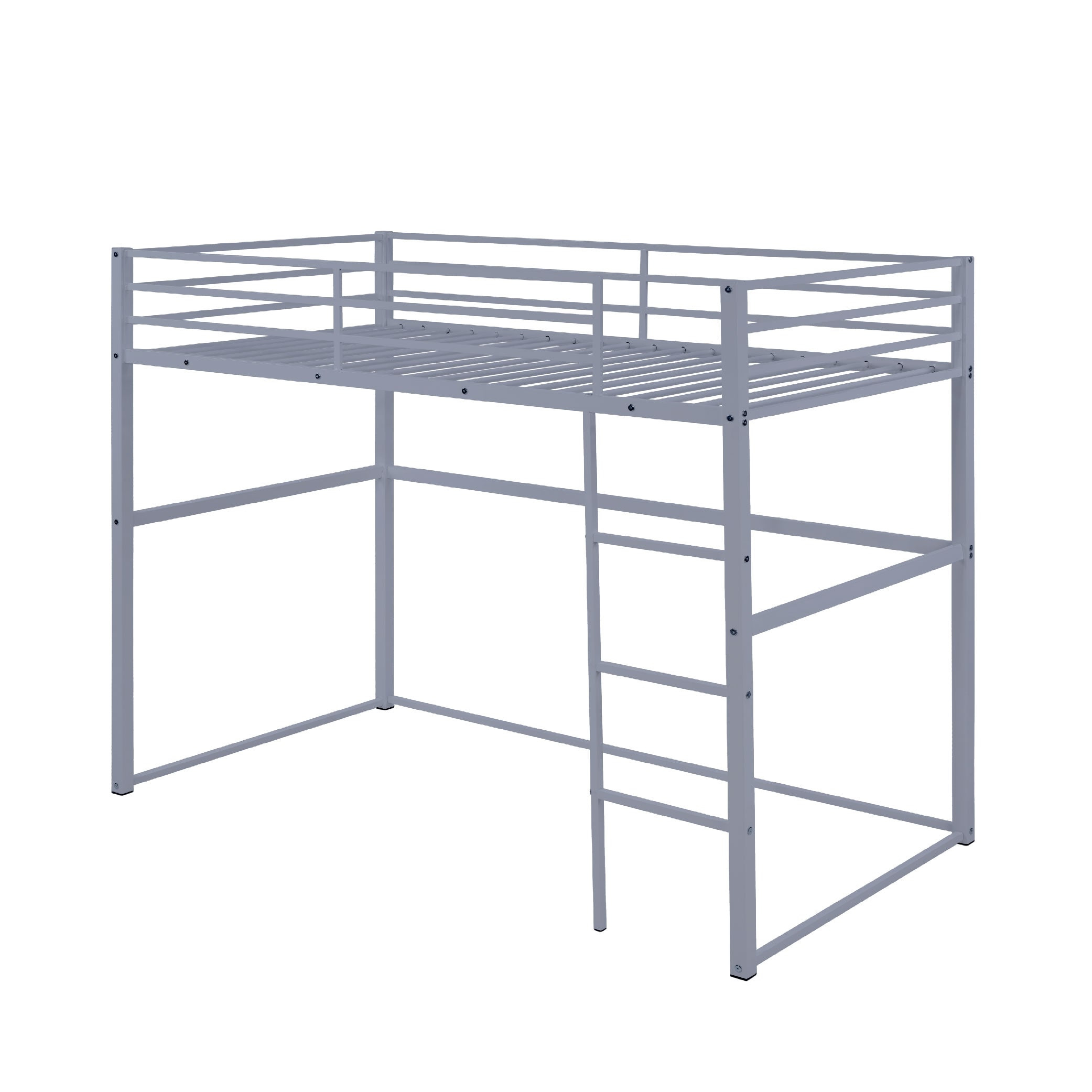 Metal Loft Bed Twin Size, Loft Bed Frame With Safety Guard Rails & Flat Ladder, Twin Loft Bed For Kids Teens Adults, Gray_voghion.com
